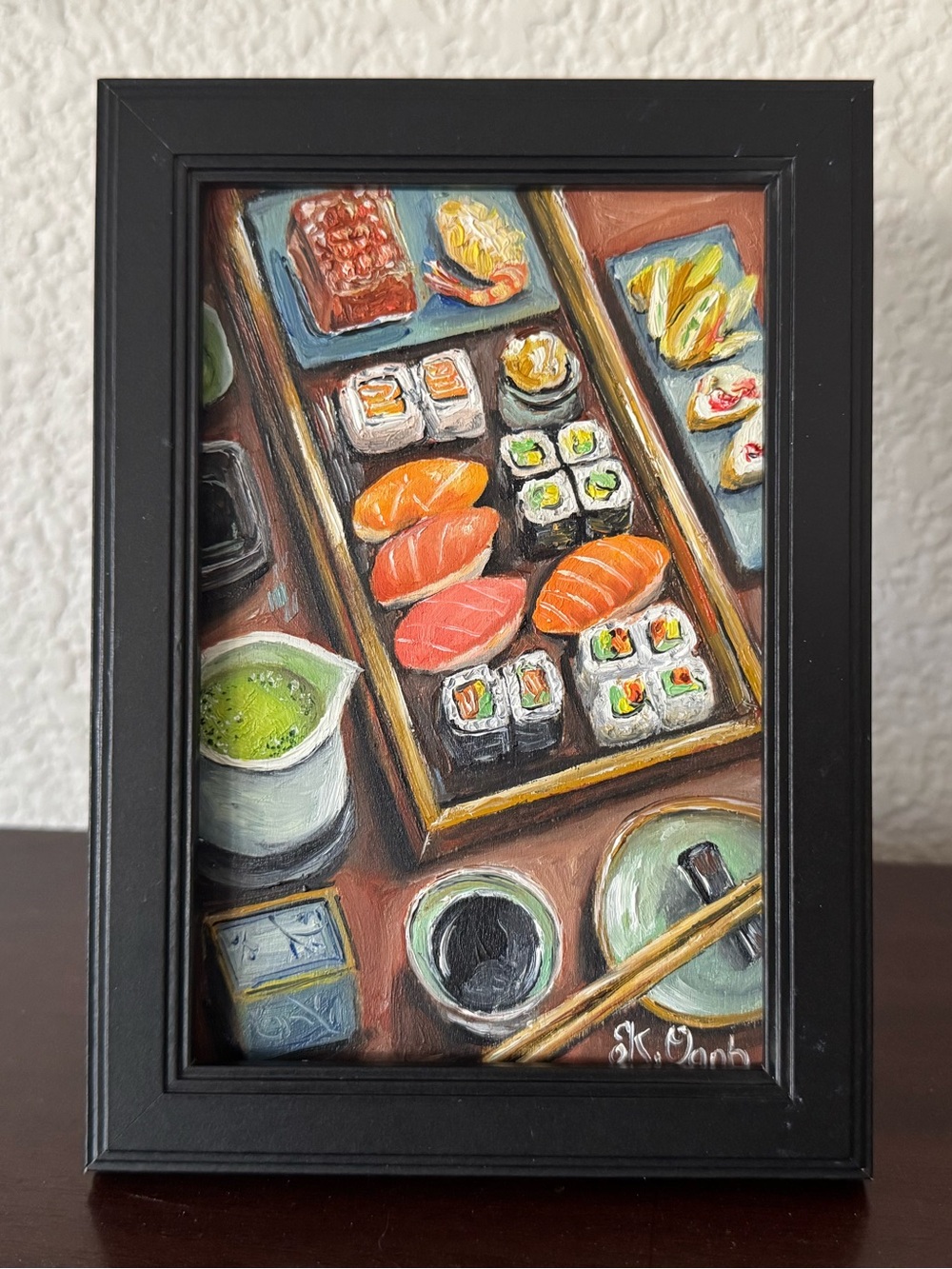 Original oil paintings still life sushi plate matcha tea signed framed 4x6 inch